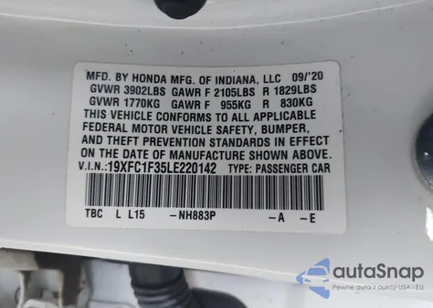 2020 Honda Civic Ex from USA, damaged, VIN 19XFC1F35LE220142